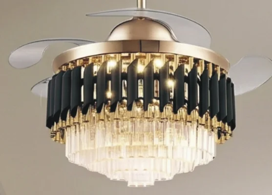 MOYA chandelier fan in black and gold with crystal tiers