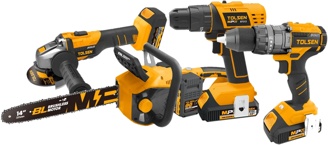 Tolsen cordless chainsaw, grinder, drills and lithium-ion batteries