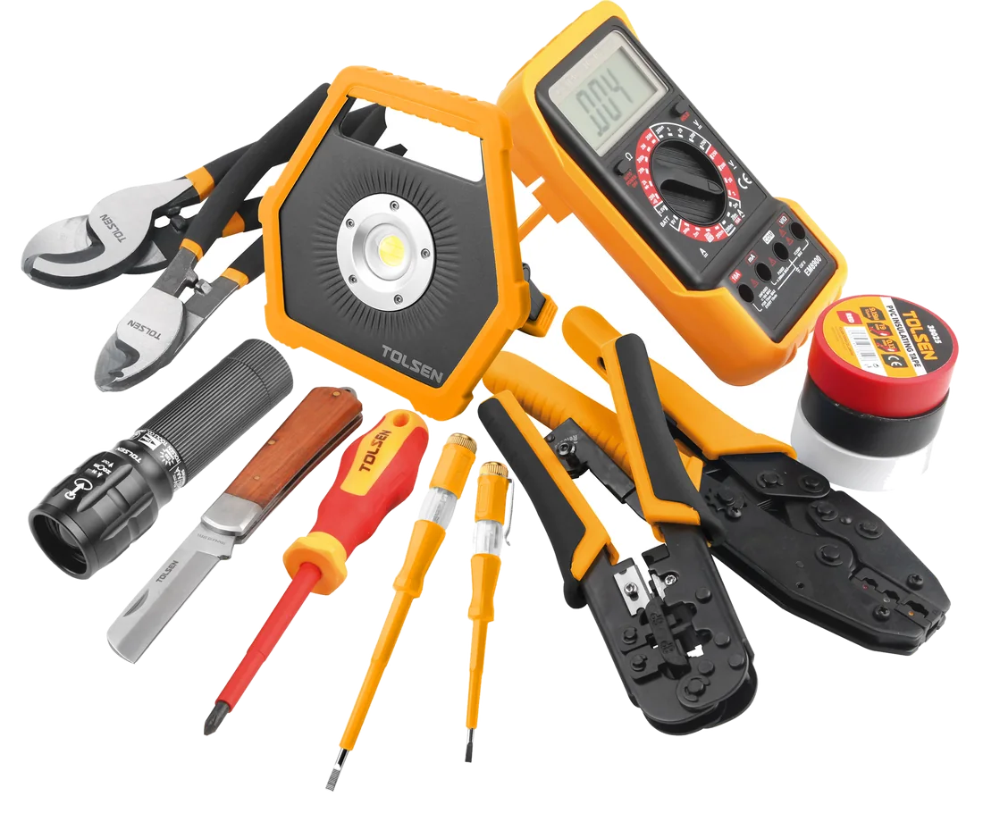 Tolsen multimeter, work light, pliers and testers
