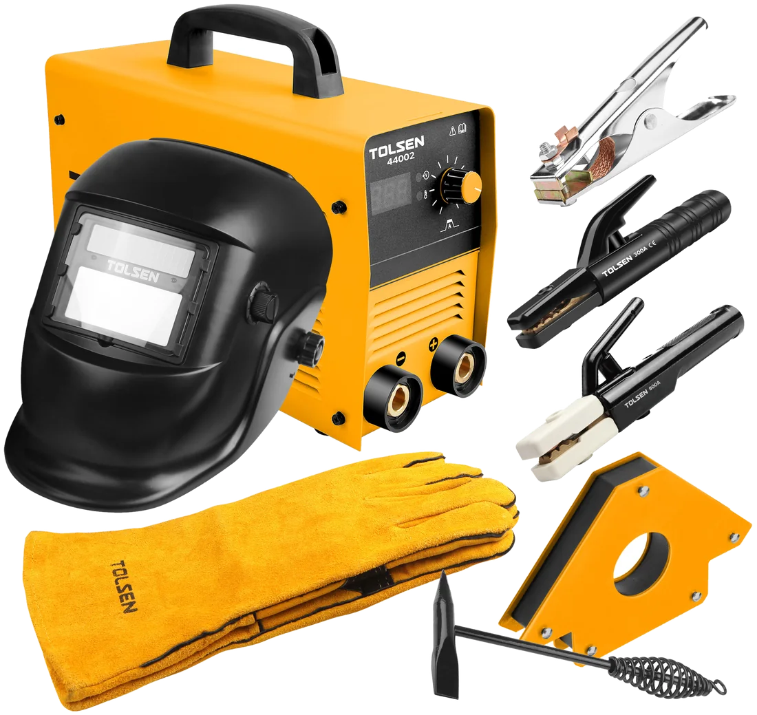 Tolsen welding machine, helmet, gloves and clamps